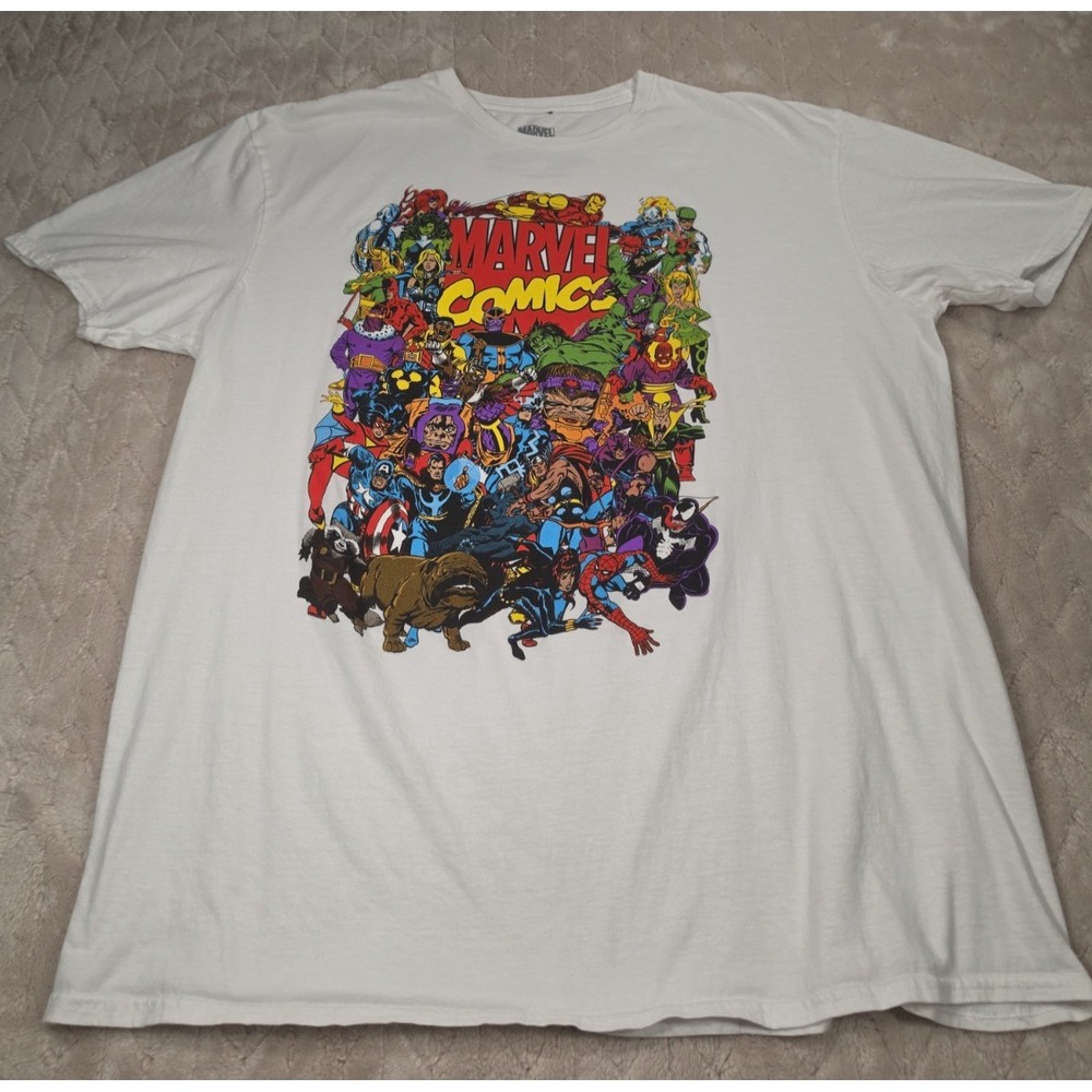 Marvel Comics White T'Shirt Sz XL Spider Man Thor Hulk Iron Man X-Men